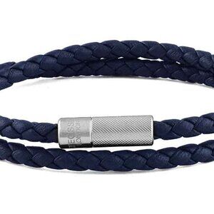 Double Wrap Pop Rigato Bracelet In Navy Leather And Silver Clasp - Navy